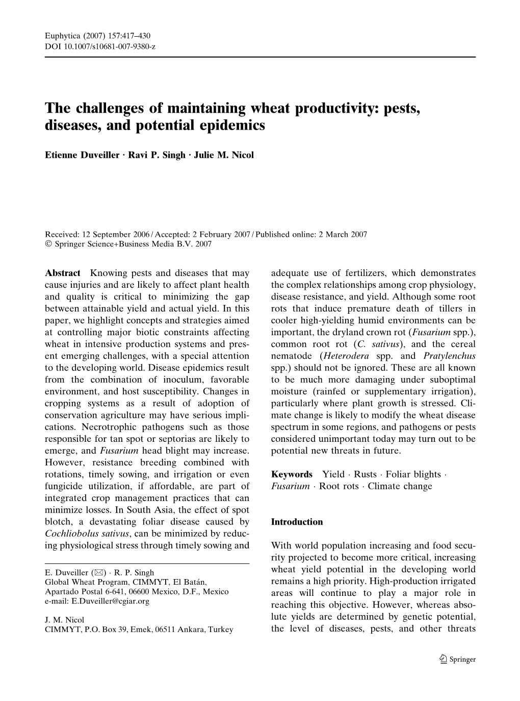 The Challenges of Maintaining Wheat Productivity: Pests, Diseases, and Potential Epidemics