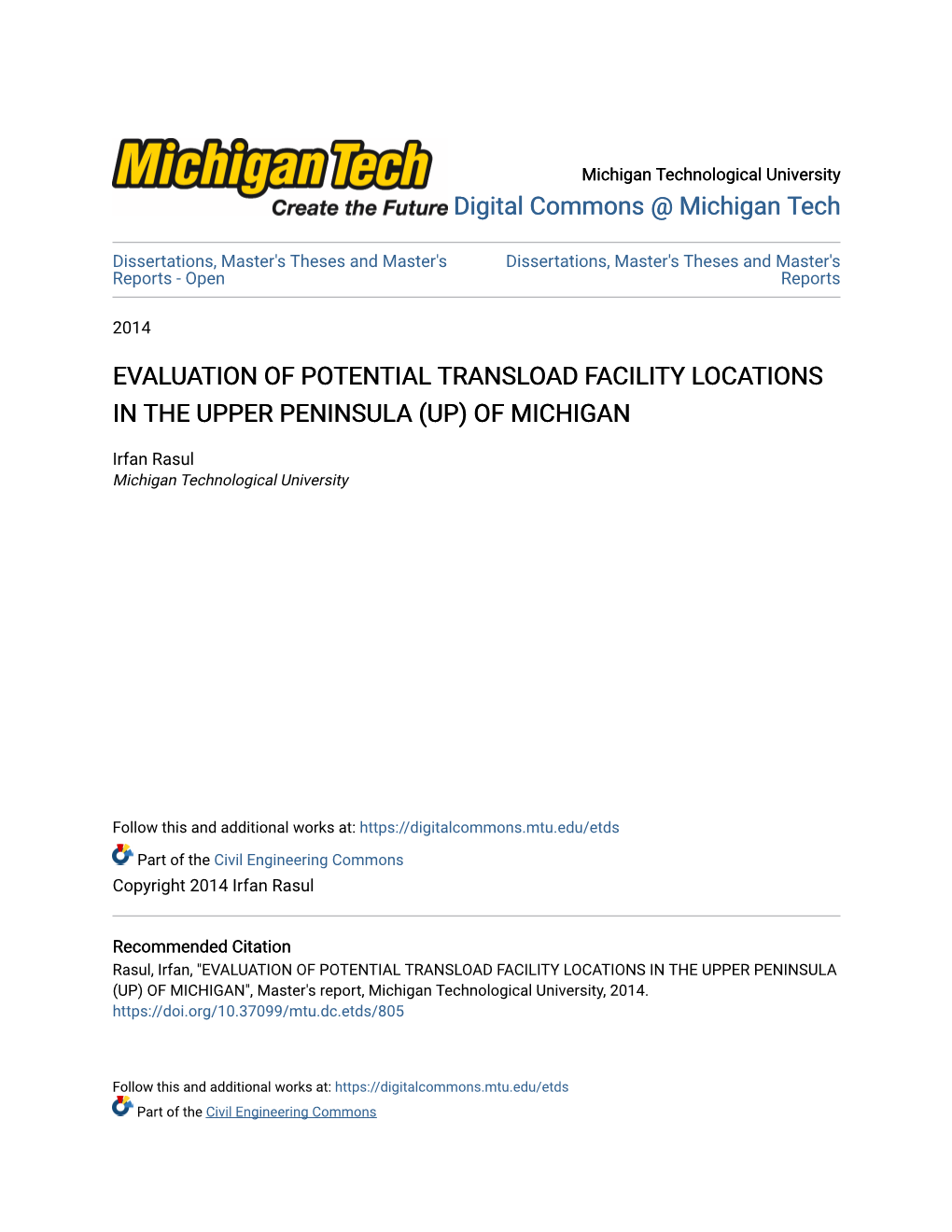 Evaluation of Potential Transload Facility Locations in the Upper Peninsula (Up) of Michigan