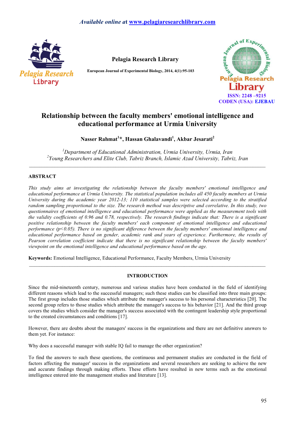 Relationship Between the Faculty Members' Emotional Intelligence and Educational Performance at Urmia University