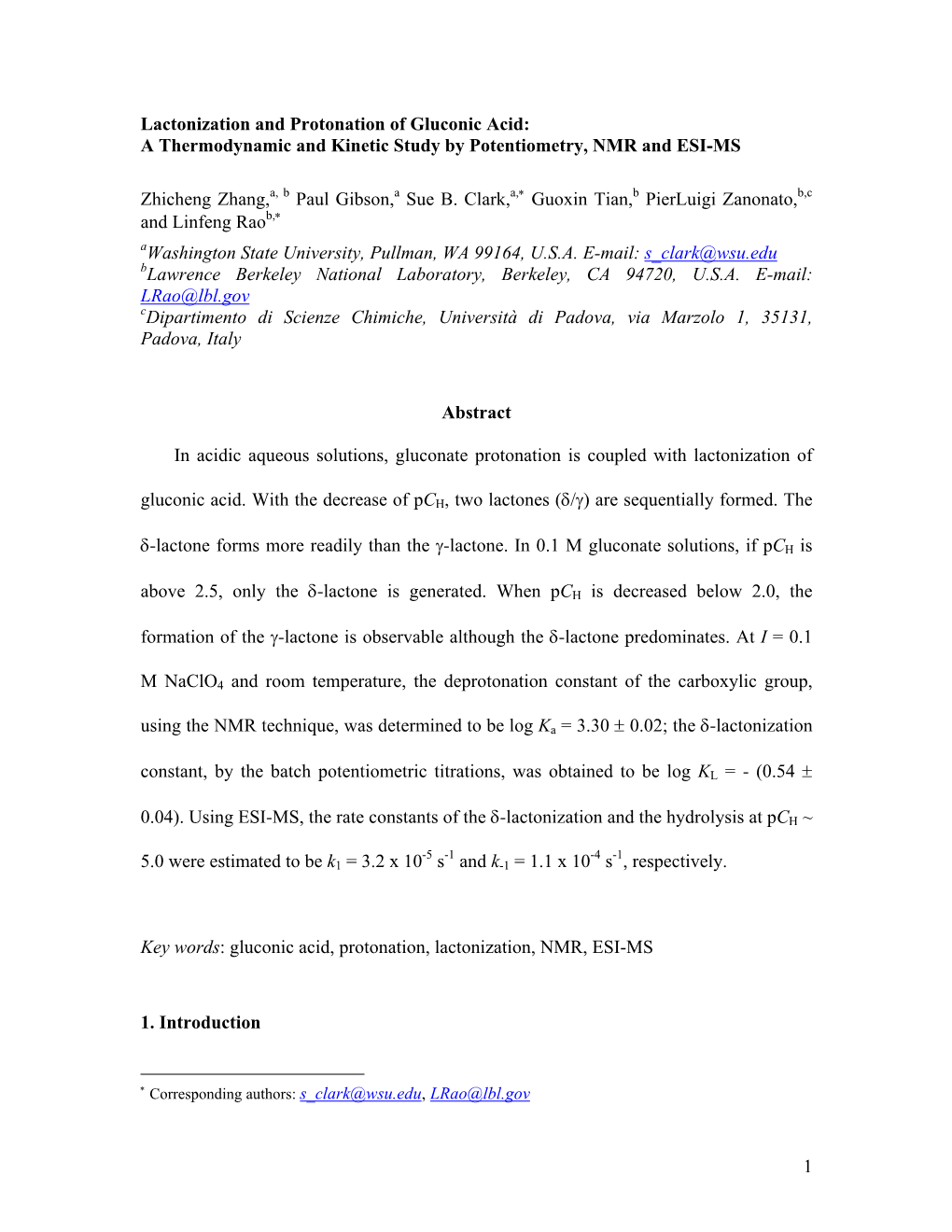 Lactonization and Protonation of Gluconic Acid: a Thermodynamicand