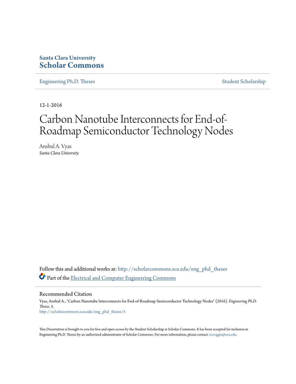 Carbon Nanotube Interconnects for End-Of-Roadmap Semiconductor Technology Nodes" (2016)