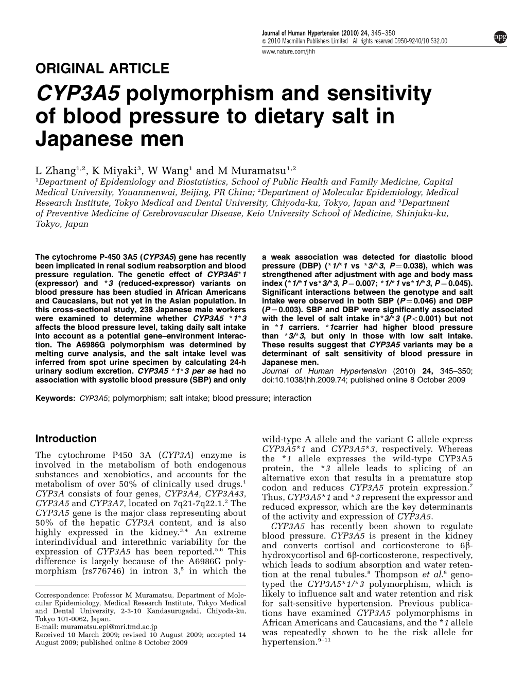 CYP3A5 Polymorphism and Sensitivity of Blood Pressure to Dietary Salt in Japanese Men