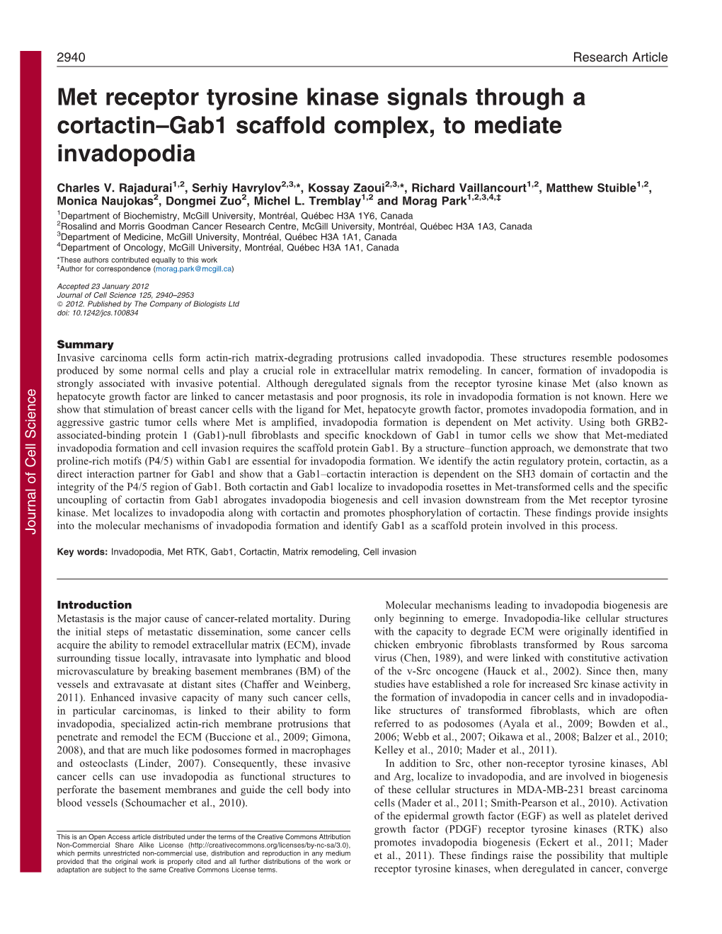 Met Receptor Tyrosine Kinase Signals Through a Cortactin–Gab1 Scaffold