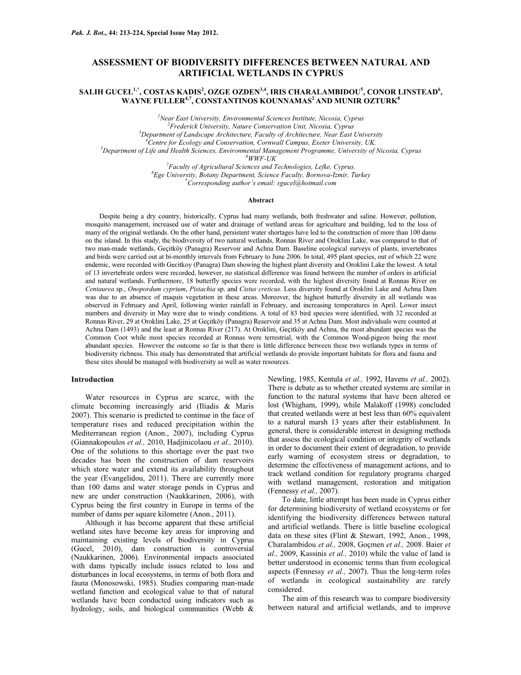 Assessment of Biodiversity Differences Between Natural and Artificial Wetlands in Cyprus
