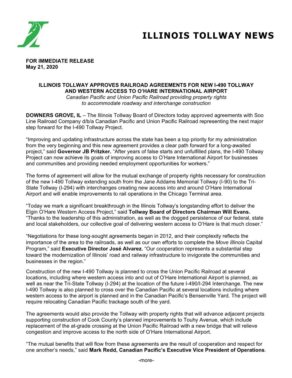 More- for IMMEDIATE RELEASE May 21, 2020 ILLINOIS TOLLWAY APPROVES RAILROAD AGREEMENTS for NEW I-490 TOLLWAY and WESTERN ACCE