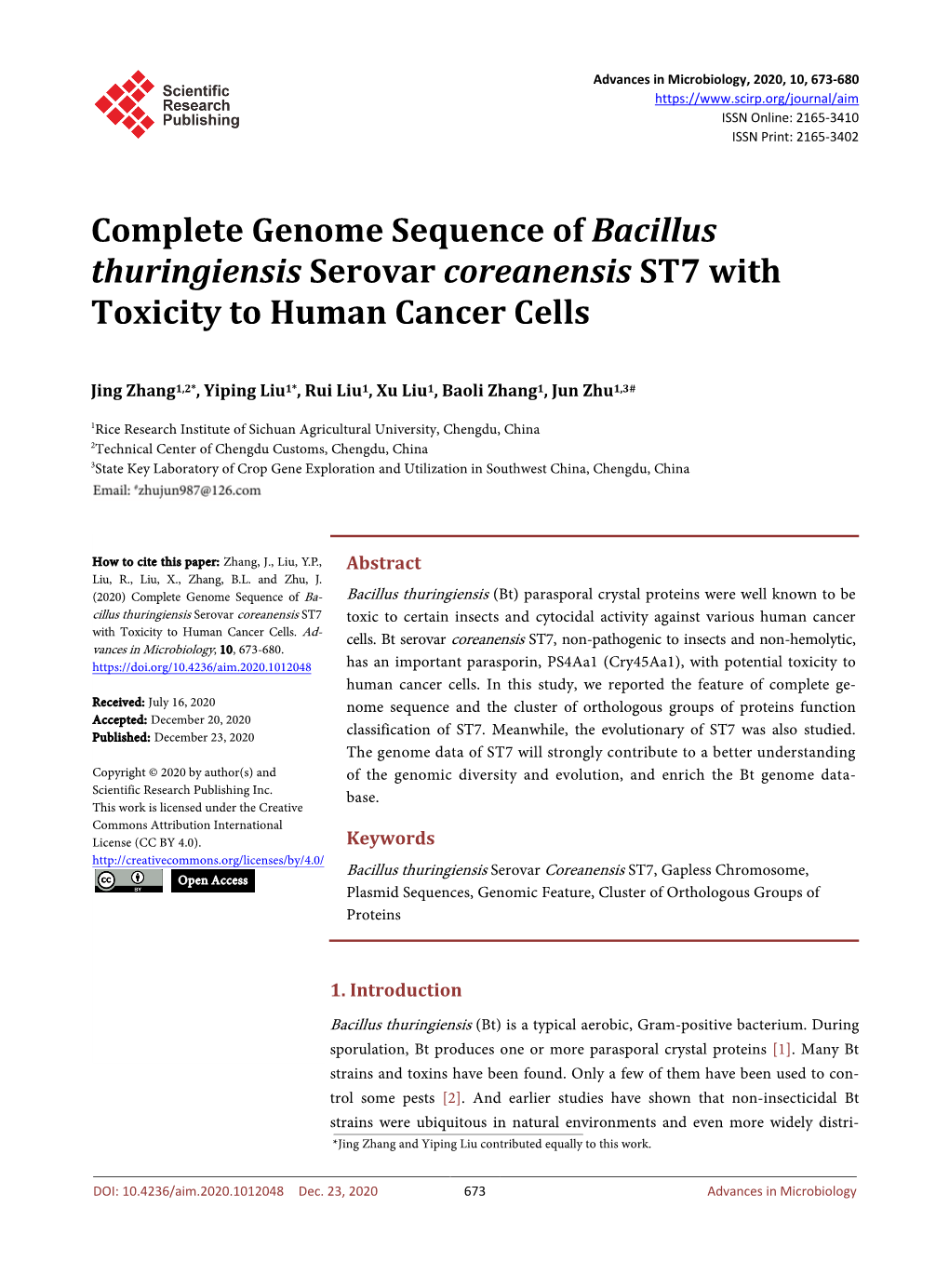Complete Genome Sequence of Bacillus Thuringiensis Serovar Coreanensis ST7 with Toxicity to Human Cancer Cells