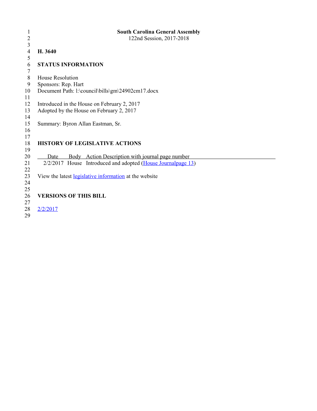 2017-2018 Bill 3640: Byron Allan Eastman, Sr. - South Carolina Legislature Online