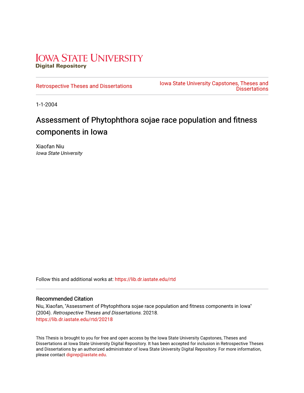 Assessment of Phytophthora Sojae Race Population and Fitness Components in Iowa