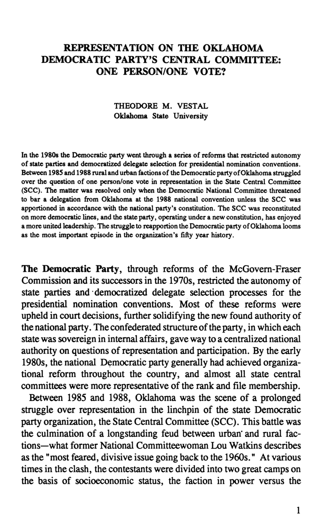 Representation on the Oklahoma Democratic Party's Central Committee: One Person/One Vote?