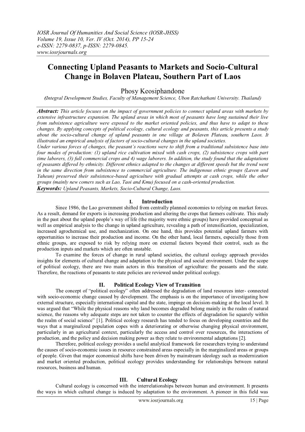 Connecting Upland Peasants to Markets and Socio-Cultural Change in Bolaven Plateau, Southern Part of Laos