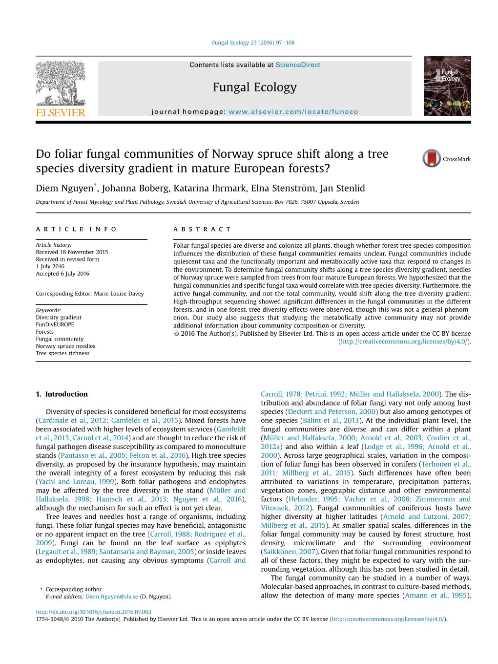 Do Foliar Fungal Communities of Norway Spruce Shift Along a Tree Species Diversity Gradient in Mature European Forests?