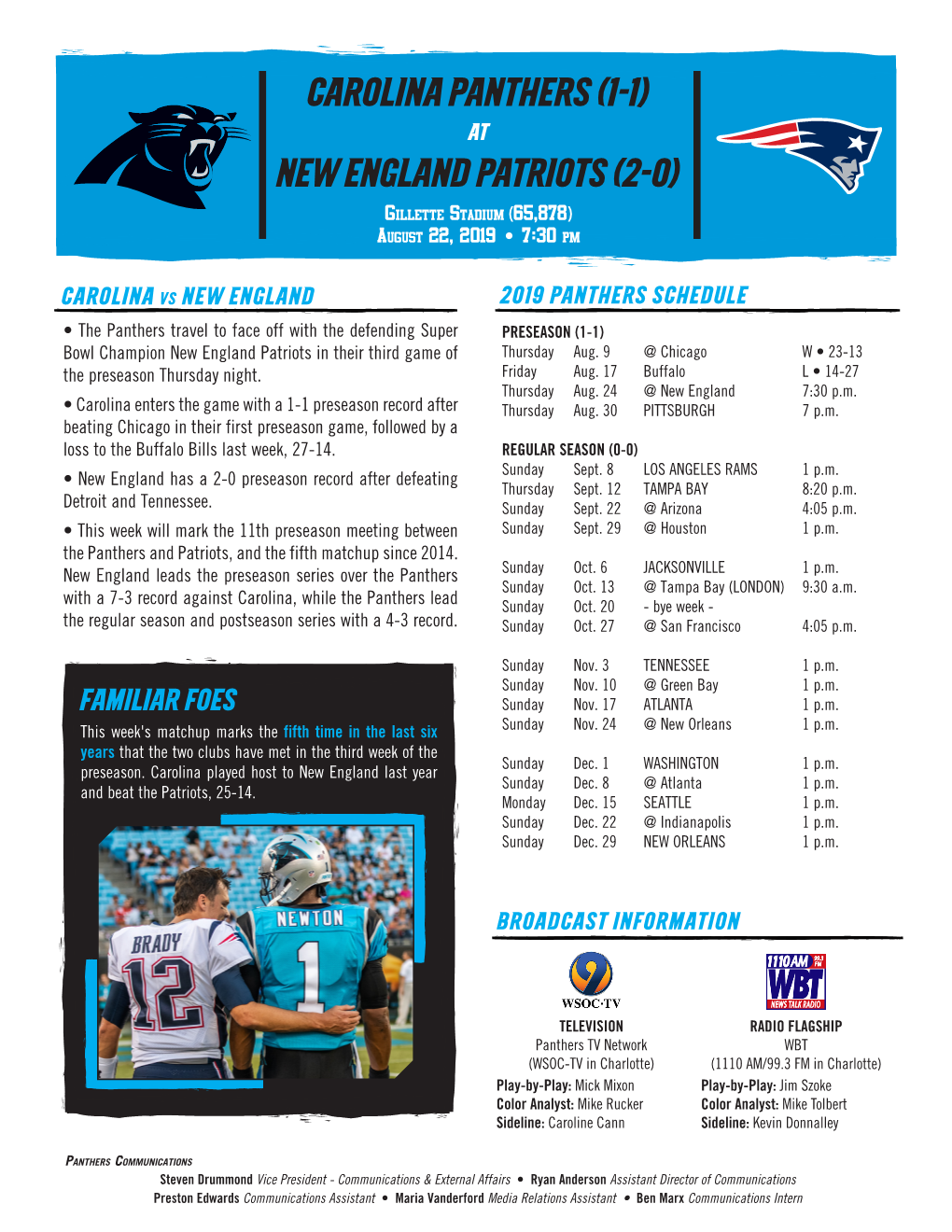 Carolina Panthers (1-1) NEW ENGLAND PATRIOTS (2-0)