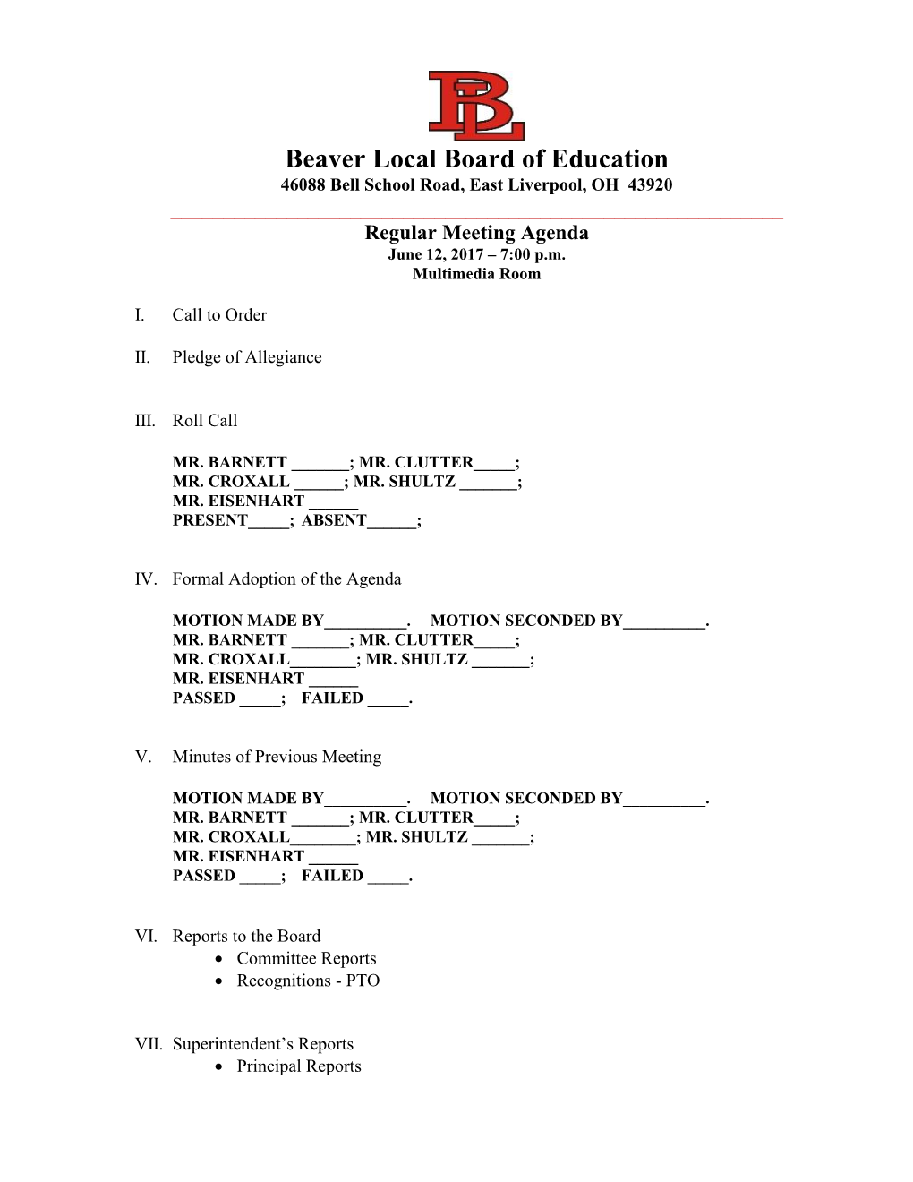 June 2017 Regular Meeting Agenda