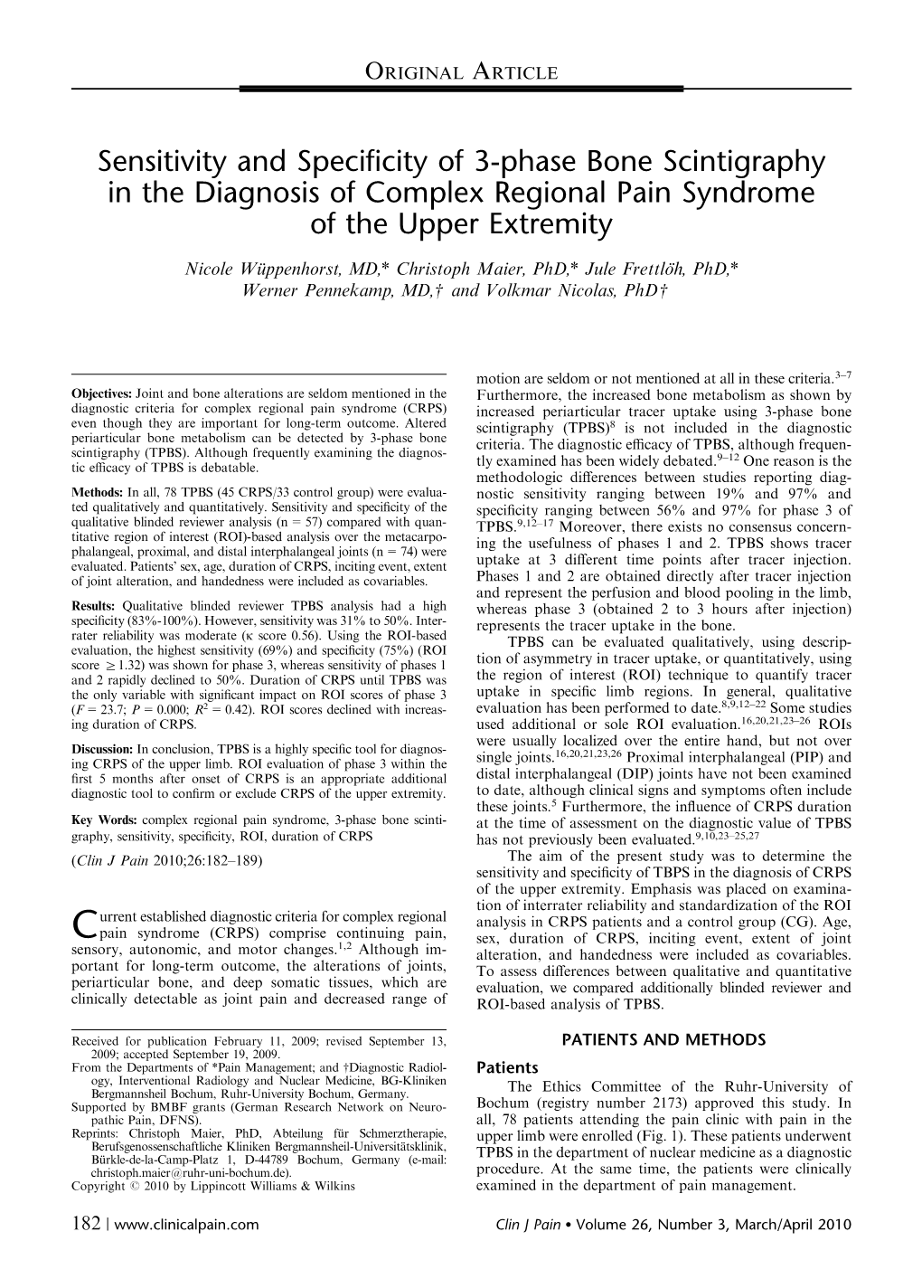 Sensitivity and Specificity of 3-Phase Bone Scintigraphy in the Diagnosis of Complex Regional Pain Syndrome of the Upper Extremity