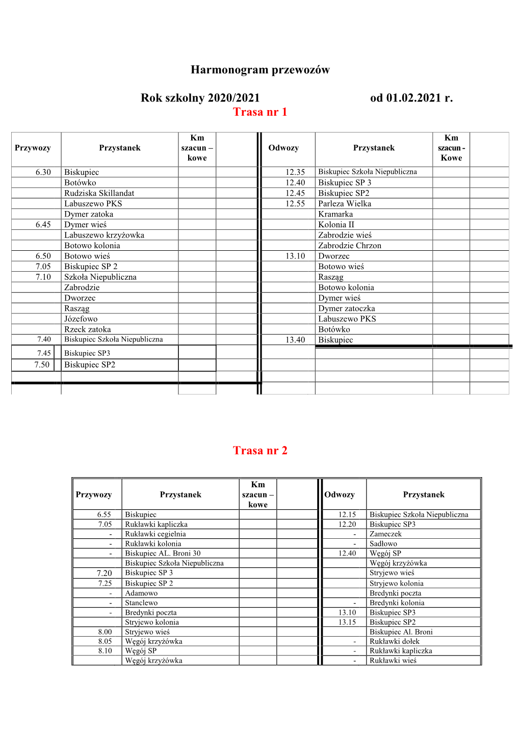 Harmonogram Przewozów Rok Szkolny 2020/2021 Od 01.02.2021 R
