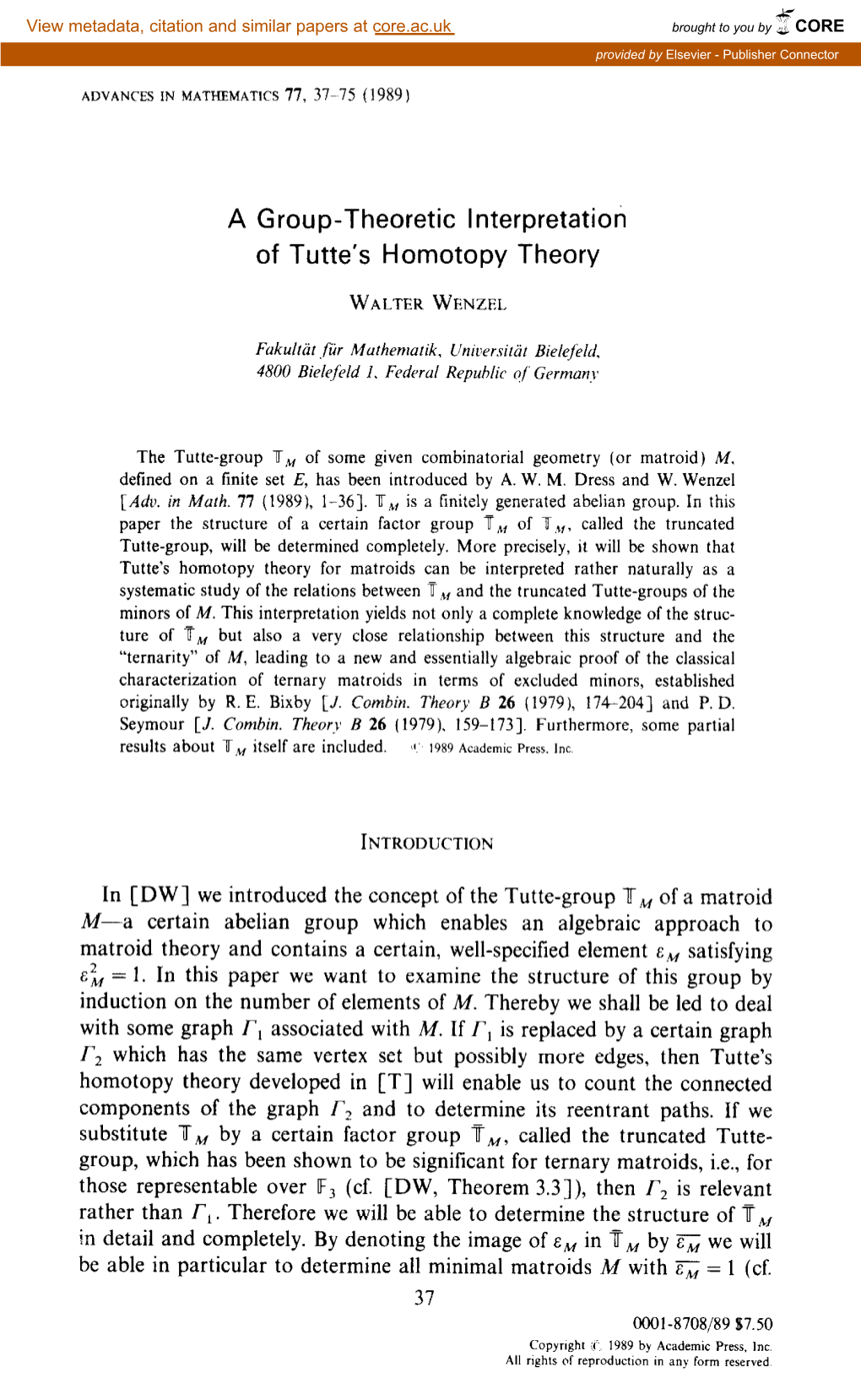 A Group-Theoretic Interpretation of Tutte's Homotopy Theory