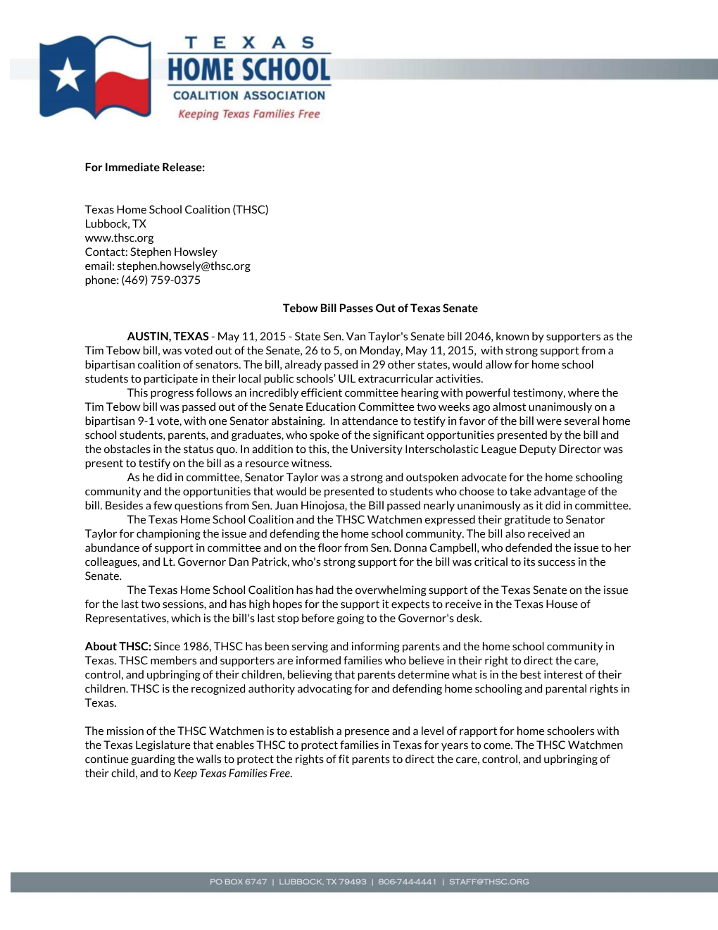 For Immediate Release: Texas Home School Coalition (THSC