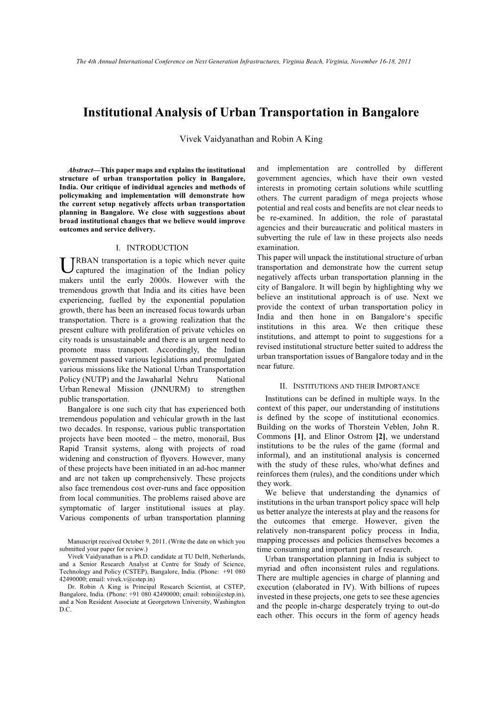 Institutional Analysis of Urban Transportation in Bangalore