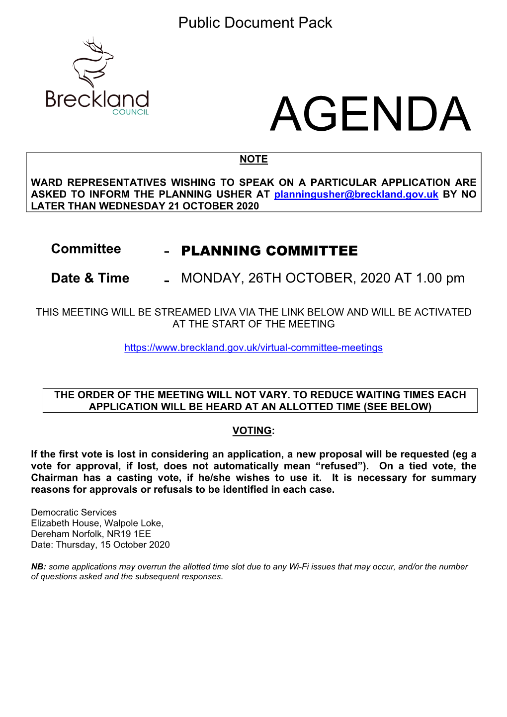 (Public Pack)Agenda Document for Planning Committee, 26/10/2020