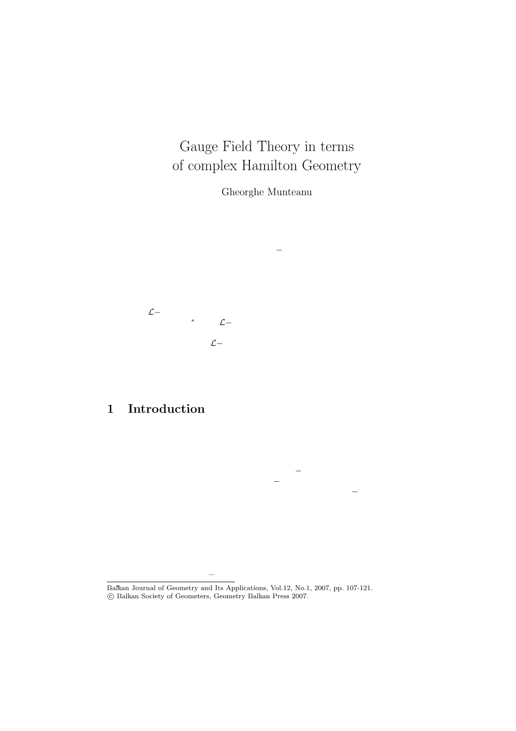 Gauge Field Theory in Terms of Complex Hamilton Geometry