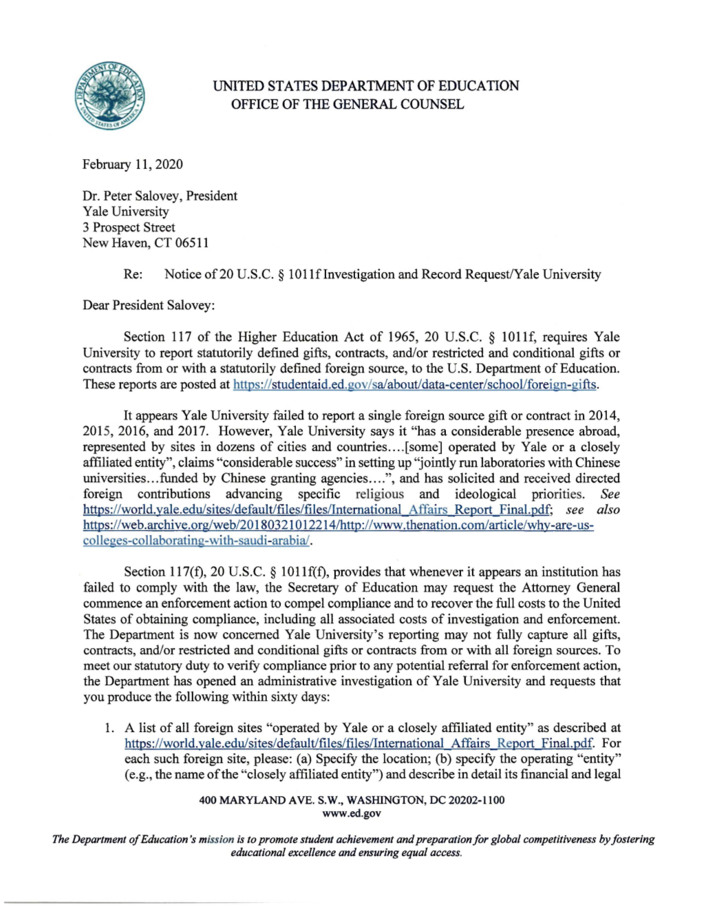 Letter to Yale University