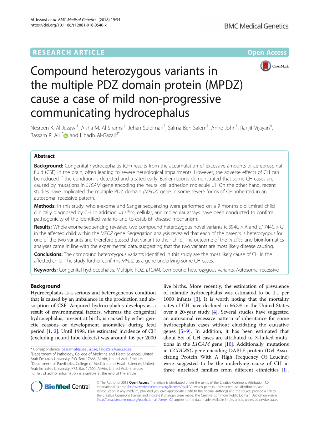 Compound Heterozygous Variants in the Multiple PDZ Domain Protein (MPDZ) Cause a Case of Mild Non-Progressive Communicating Hydrocephalus Nesreen K