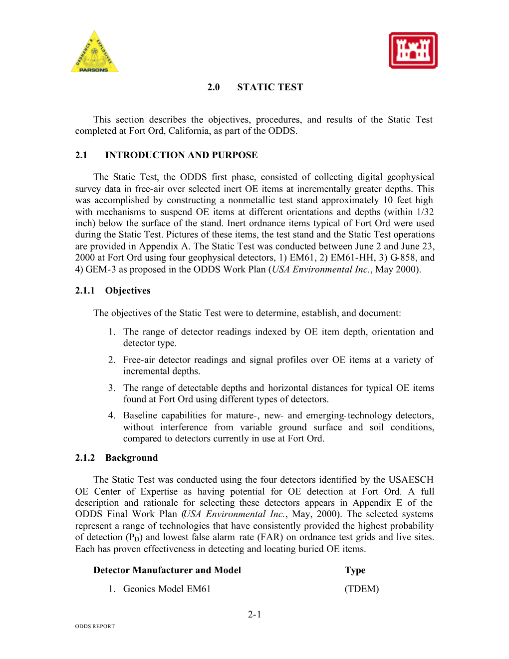 2-1 2.0 STATIC TEST This Section Describes the Objectives