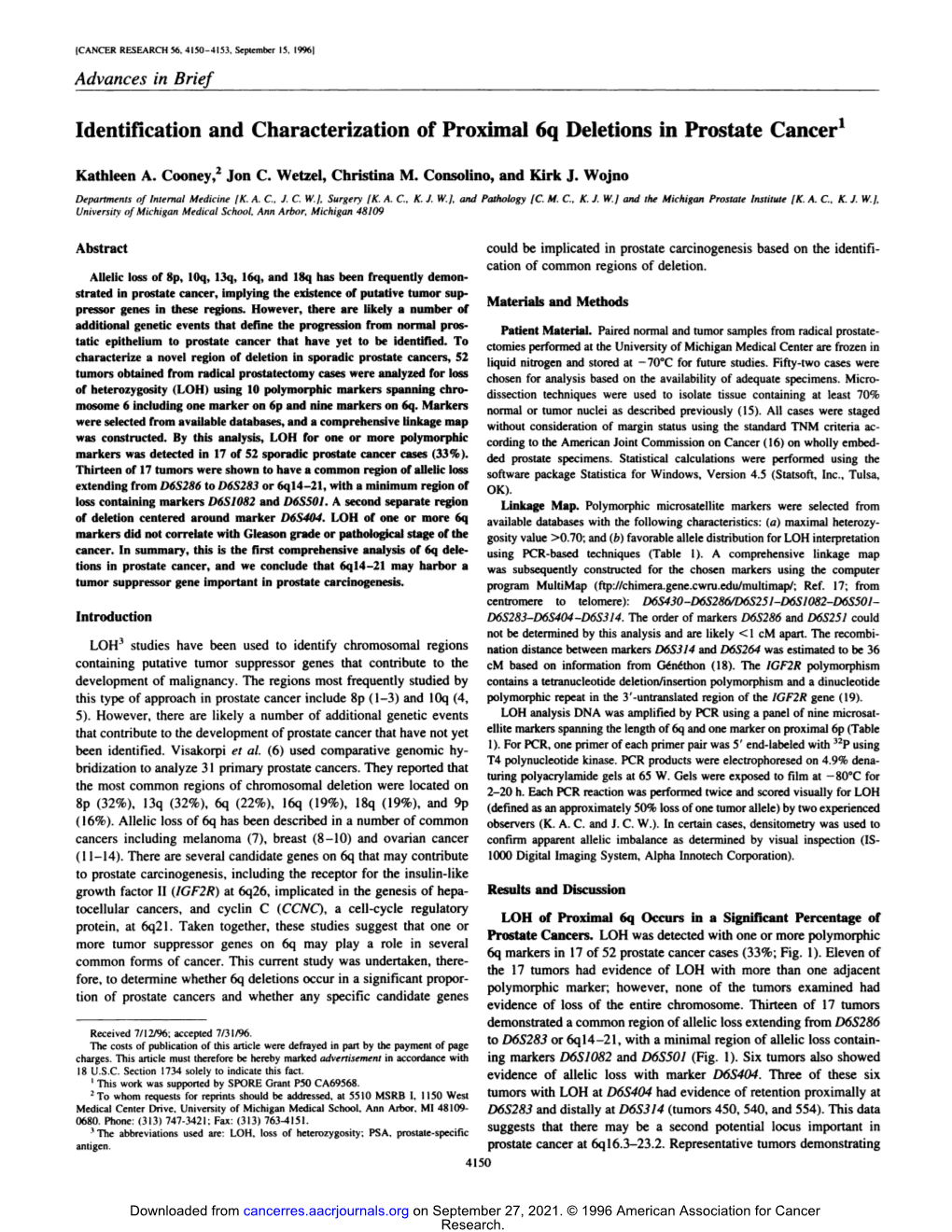 Identification and Characterization of Proximal 6Q Deletions in Prostate Cancer'