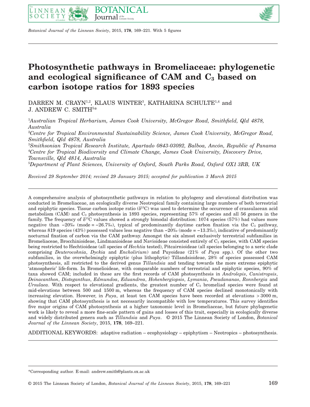 Photosynthetic Pathways in Bromeliaceae: Phylogenetic and Ecological Signiﬁcance of CAM and C3 Based on Carbon Isotope Ratios for 1893 Species