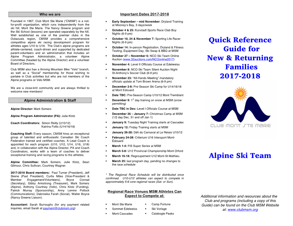 Quick Reference Guide for New & Returning Families 2017-2018 Alpine Ski Team