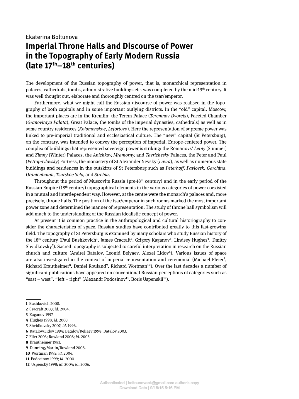 Imperial Throne Halls and Discourse of Power in the Topography of Early Modern Russia (Late 17Th–18Th Centuries)