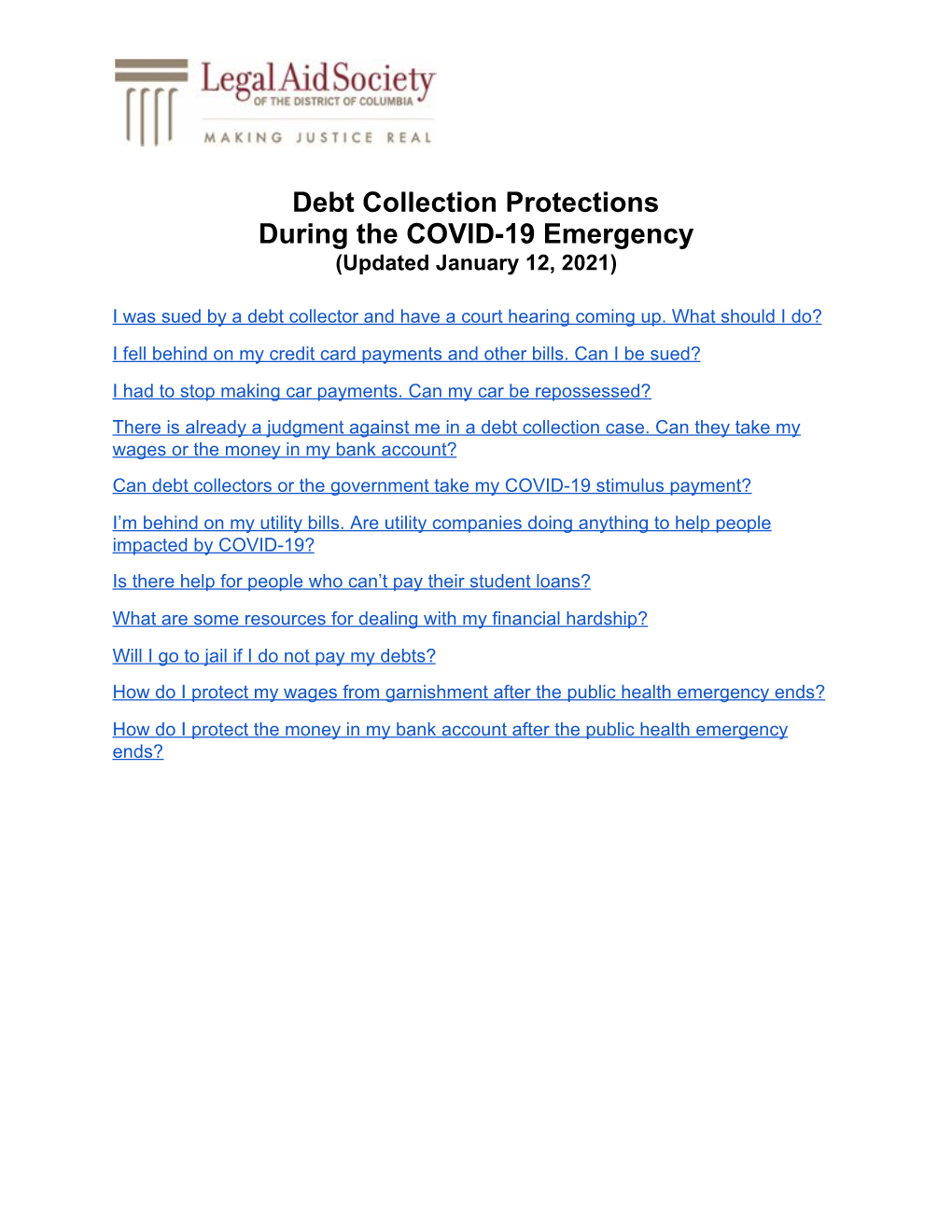 Debt Collection Protections During the COVID-19 Emergency (Updated January 12, 2021)