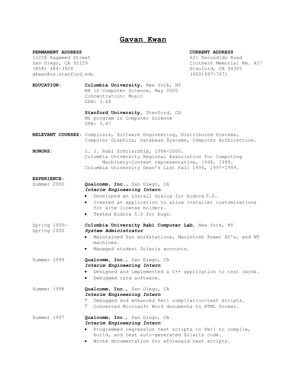 Permanent Address Current Address