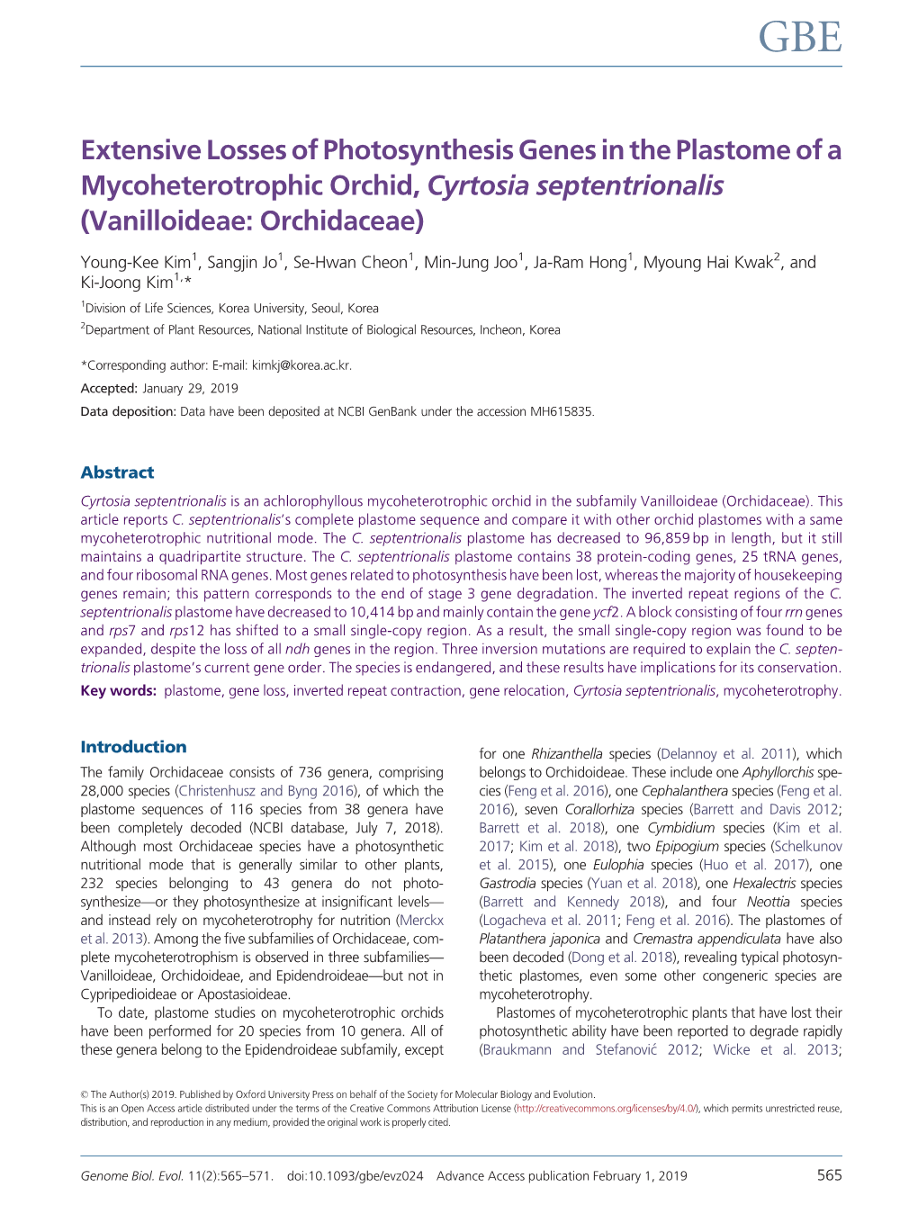 Extensive Losses of Photosynthesis Genes in the Plastome of a Mycoheterotrophic Orchid, Cyrtosia Septentrionalis (Vanilloideae: Orchidaceae)