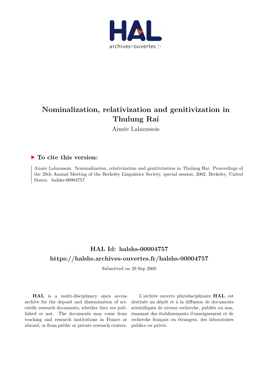 Nominalization, Relativization and Genitivization in Thulung Rai Aimée Lahaussois