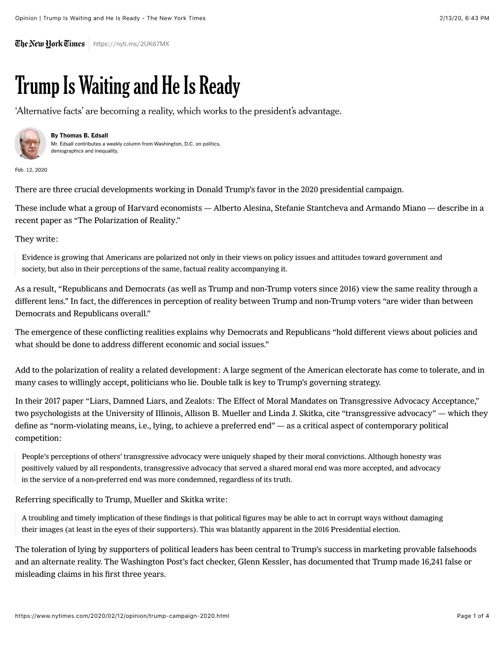 Opinion | Trump Is Waiting and He Is Ready - the New York Times 2/13/20, 6:43 PM
