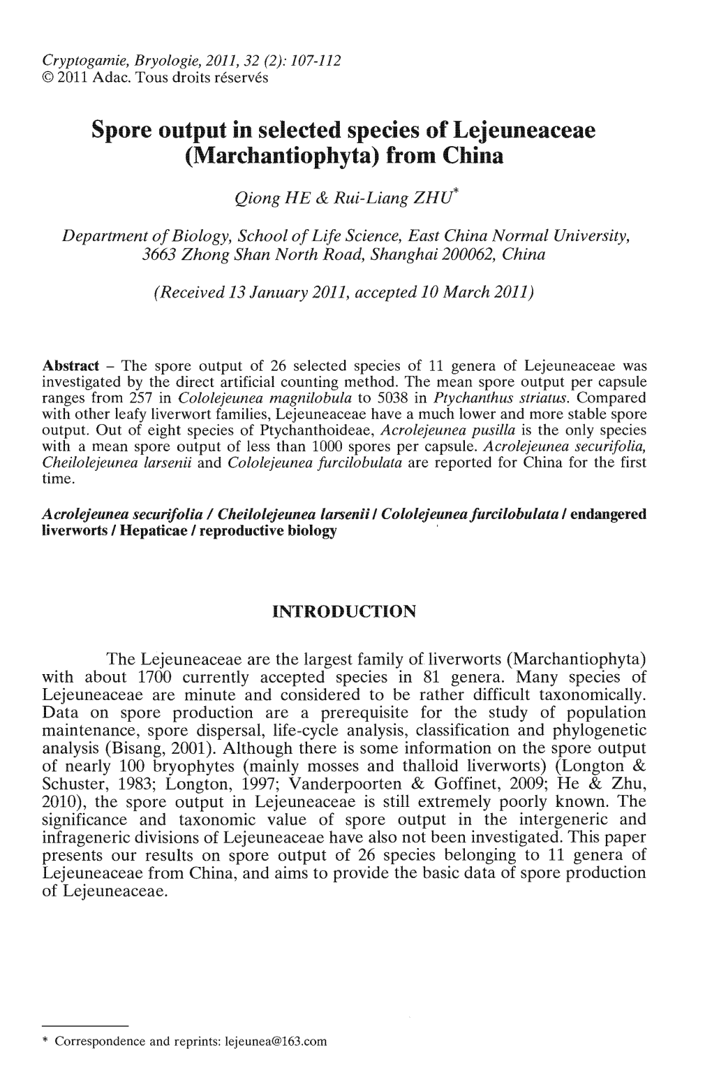 Spore Output in Selected Species of Lejeuneaceae (Marchantiophyta) from China 109