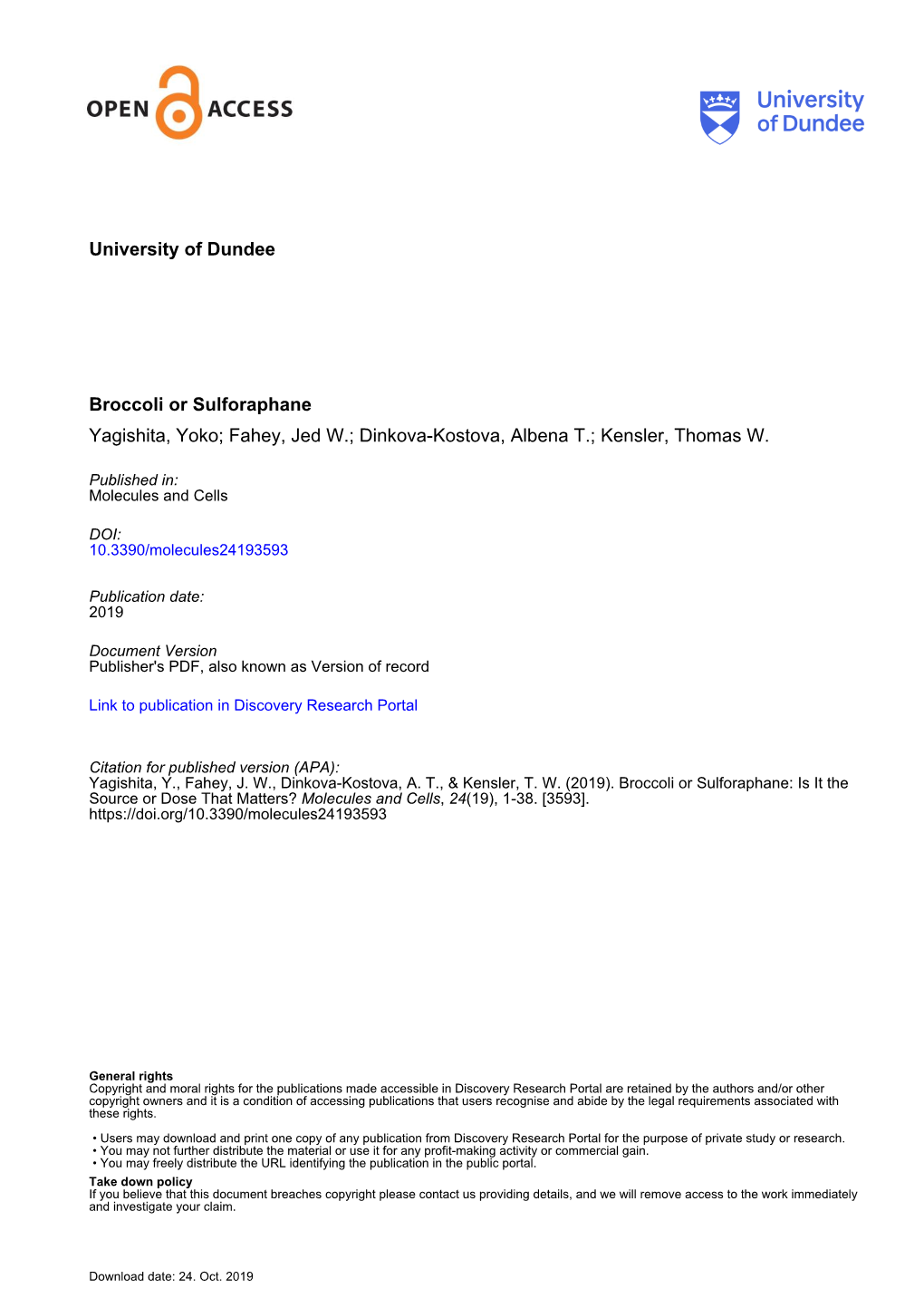 Broccoli Or Sulforaphane: Is It the Source Or Dose That Matters? Molecules and Cells, 24(19), 1-38