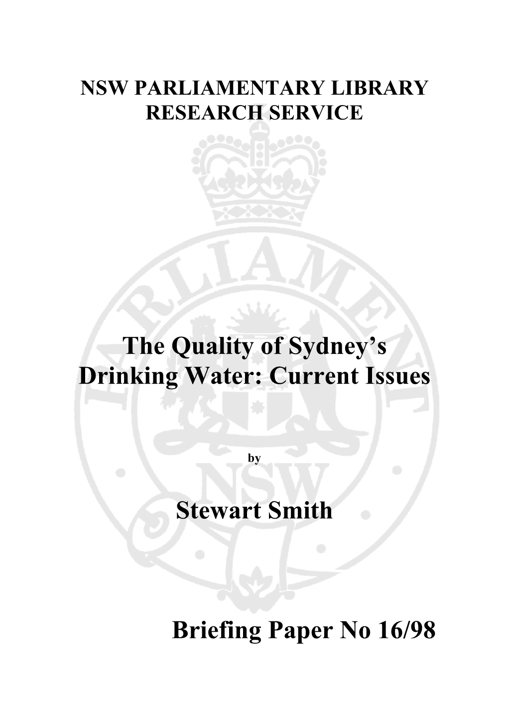 The Quality of Sydney's Drinking Water