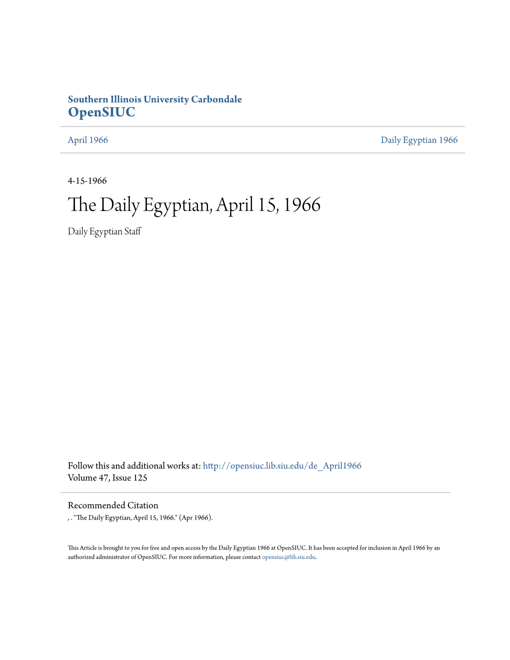 The Daily Egyptian, April 15, 1966