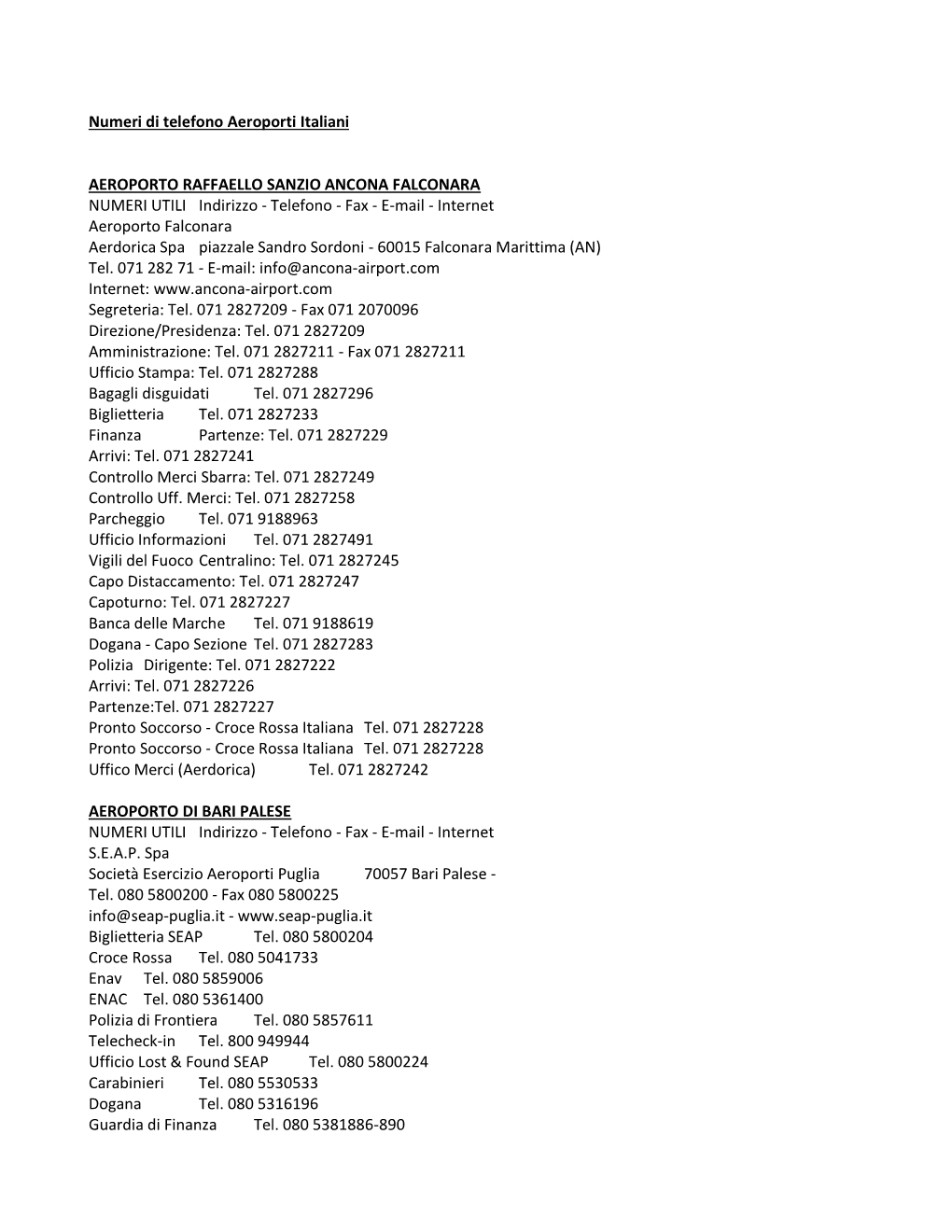 Numeri Di Telefono Aeroporti Italiani