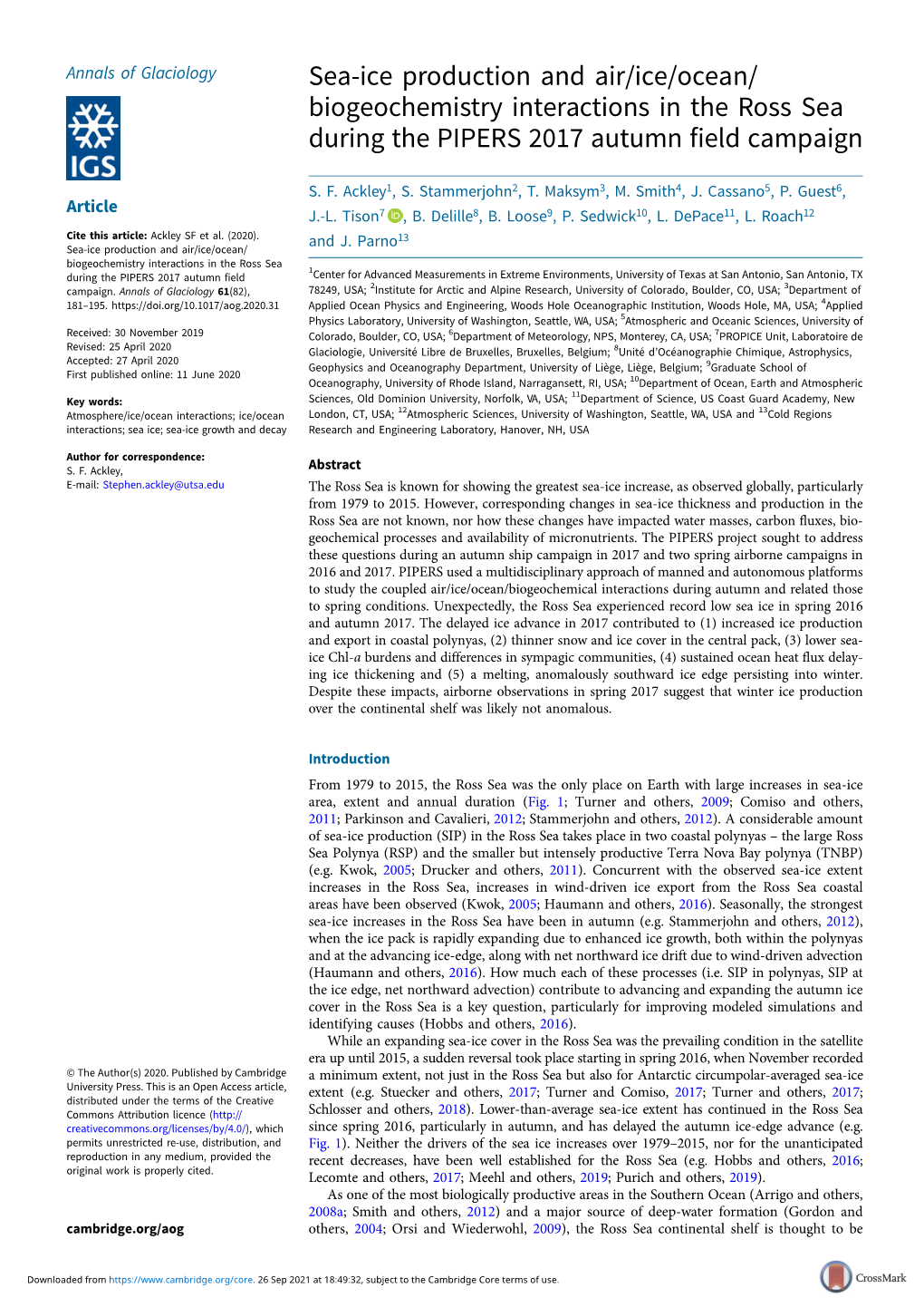 Sea-Ice Production and Air/Ice/Ocean/ Biogeochemistry Interactions in the Ross Sea During the PIPERS 2017 Autumn Field Campaign