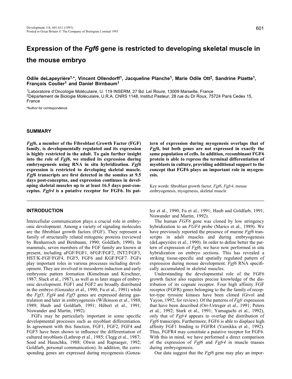 Expression of the Fgf6 Gene Is Restricted to Developing Skeletal Muscle in the Mouse Embryo