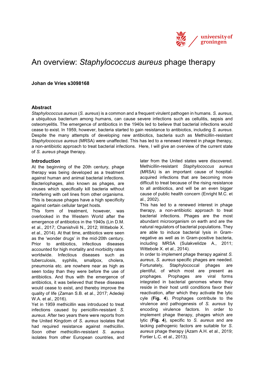 An Overview: Staphylococcus Aureus Phage Therapy