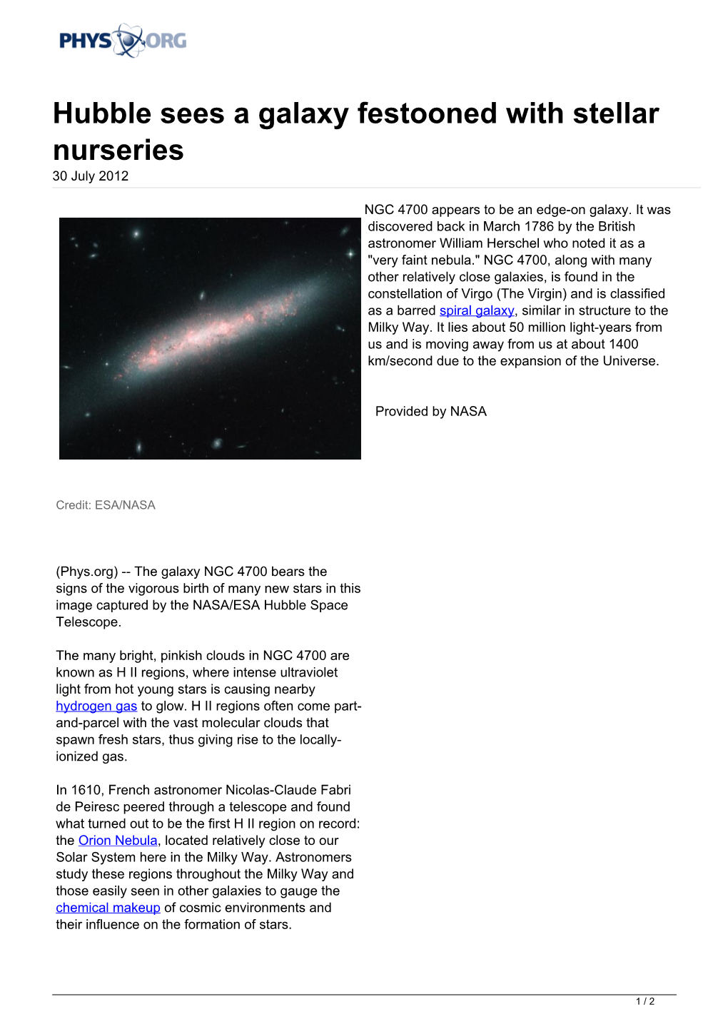 Hubble Sees a Galaxy Festooned with Stellar Nurseries 30 July 2012