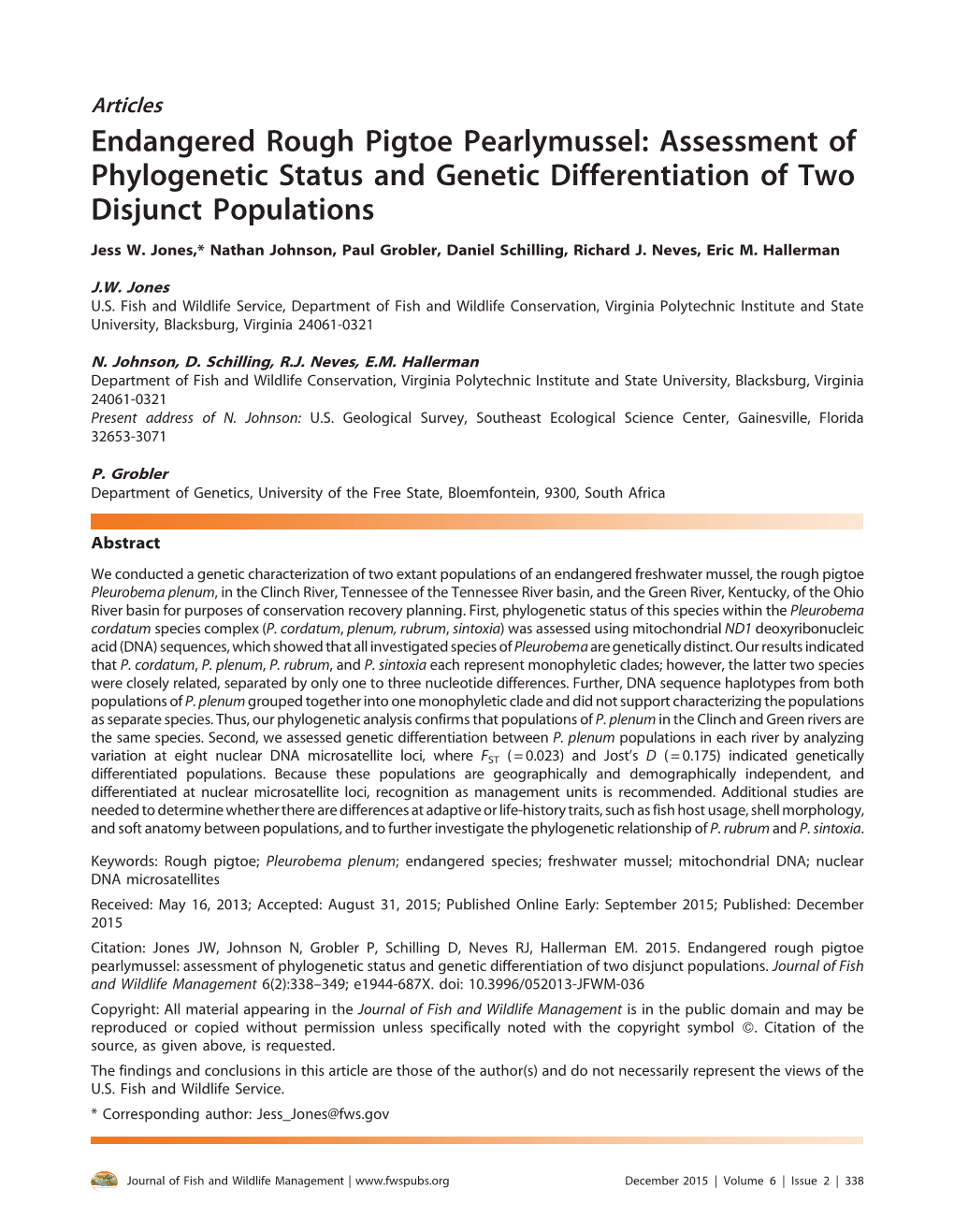 Assessment of Phylogenetic Status and Genetic Differentiation of Two Disjunct Populations