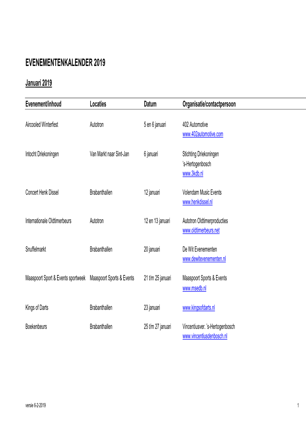 Evenementenkalender Gemeente 'S-Hertogenbosch 2019