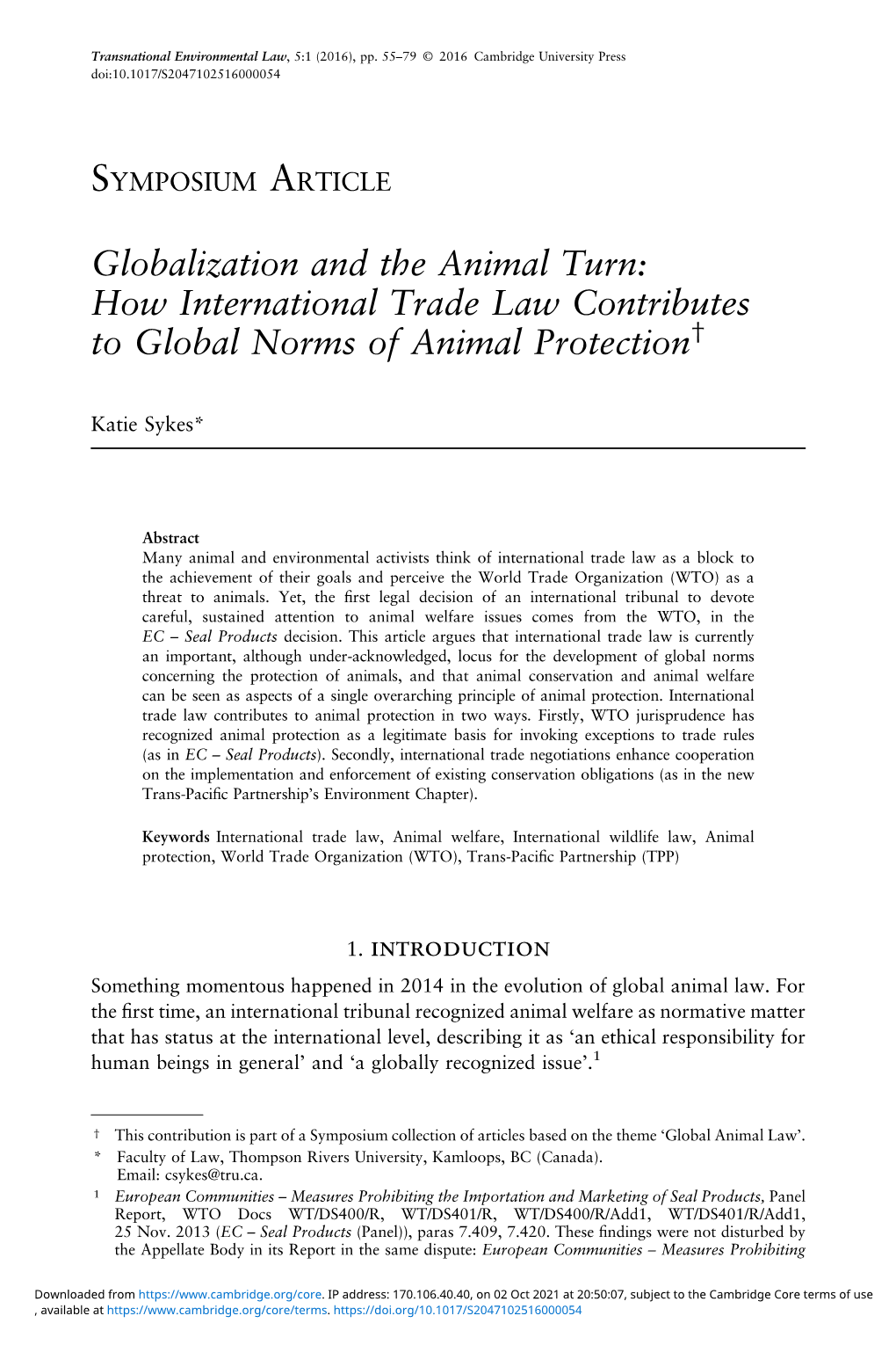 Globalization and the Animal Turn: How International Trade Law Contributes † to Global Norms of Animal Protection