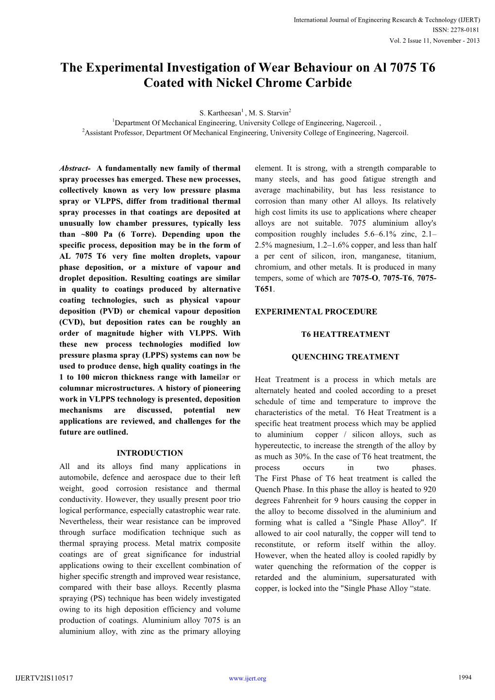 The Experimental Investigation of Wear Behaviour on Al 7075 T6 Coated with Nickel Chrome Carbide