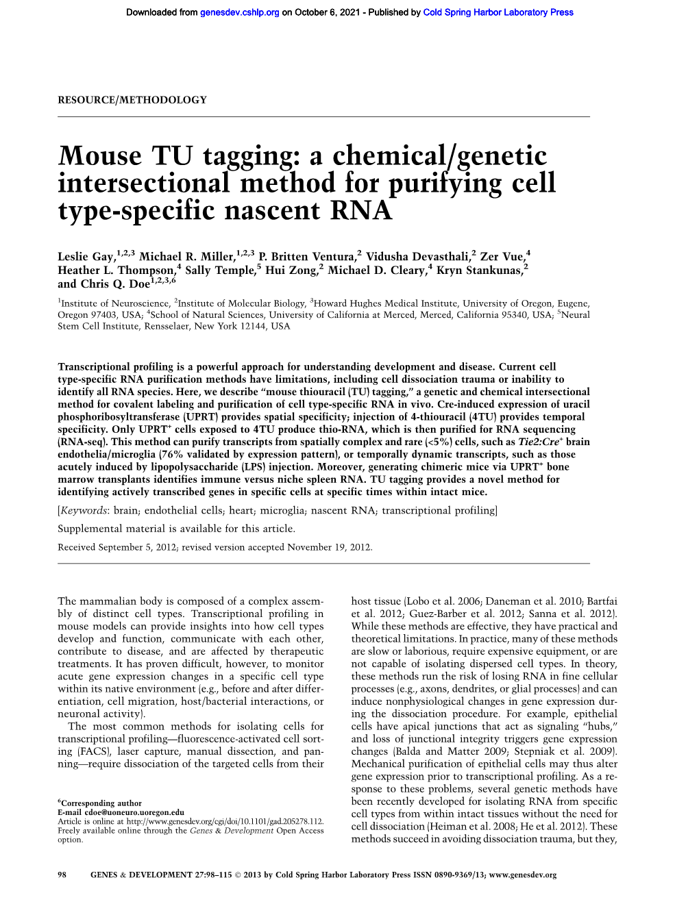 Mouse TU Tagging: a Chemical/Genetic Intersectional Method for Purifying Cell Type-Specific Nascent RNA